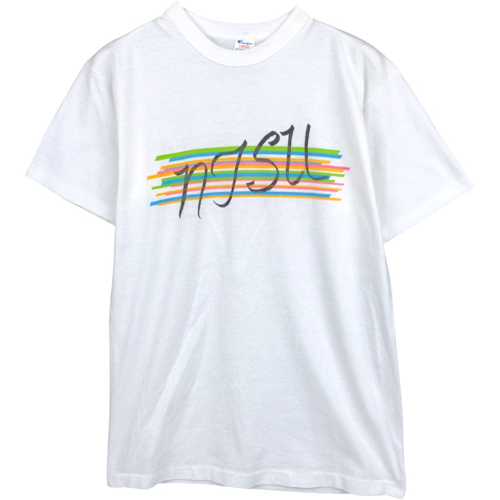 80'S Champion Tricot Tag Print T-shirt Made in USA Men's L Size Vintage polyester white type Vintage Second Hand