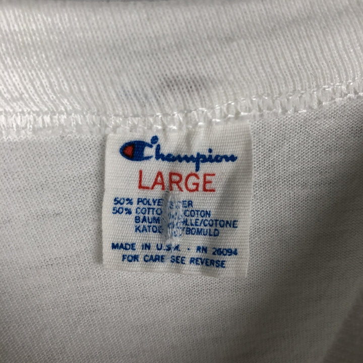 80'S Champion Tricot Tag Print T-shirt Made in USA Men's L Size Vintage polyester white type Vintage Second Hand