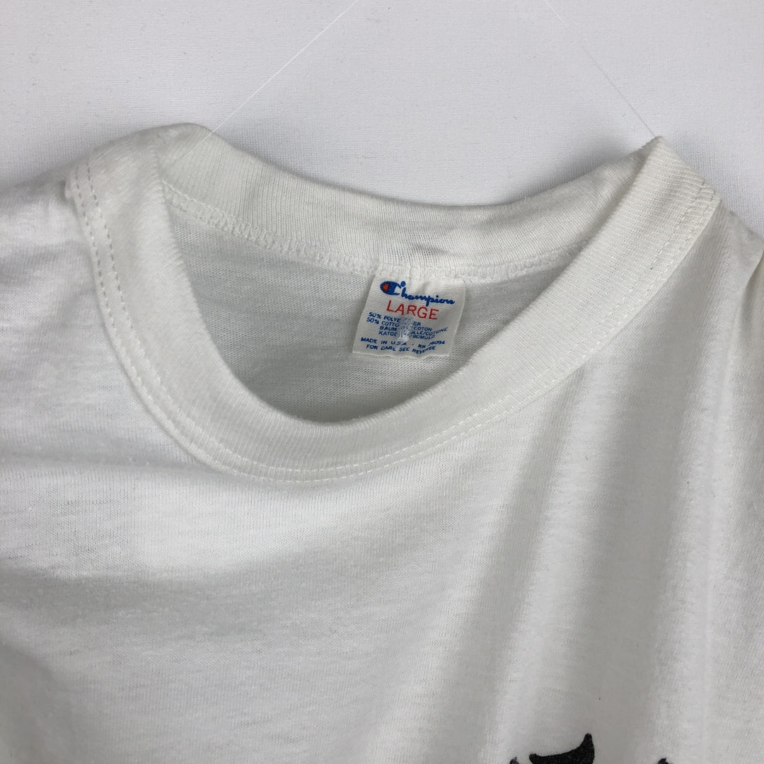 80'S Champion Tricot Tag Print T-shirt Made in USA Men's L Size Vintage polyester white type Vintage Second Hand