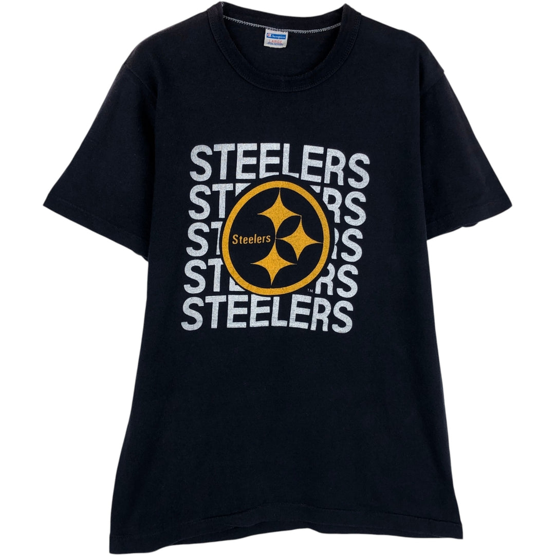 70'S Champion Bar Tag Pittsburgh Steelers Sports Print T-Shirt, Made in USA, Women's Size L (Equivalent), Vintage cotton navy blue type Vintage Second Hand