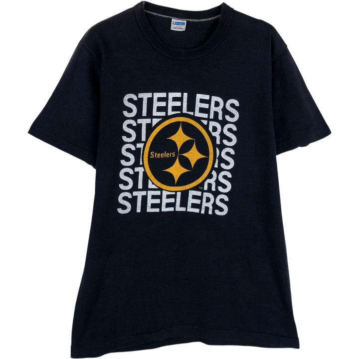 70'S Champion Bar Tag Pittsburgh Steelers Sports Print T-Shirt, Made in USA, Women's Size L (Equivalent), Vintage cotton navy blue type Vintage Second Hand