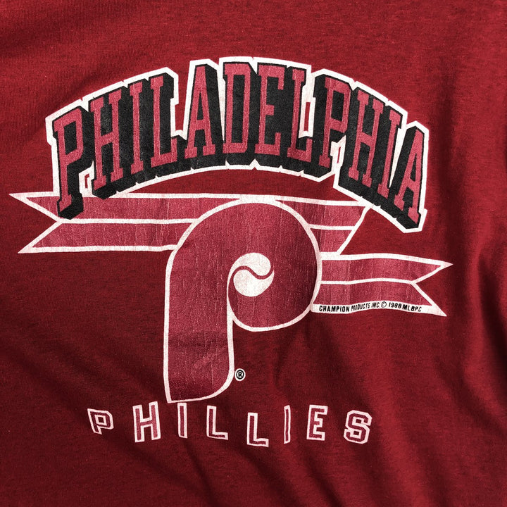 80'S Champion MLB Philadelphia Phillies Tricot Tag Logo Print T-Shirt, Made in USA, Men's Size L (approx.) polyester burgundy type Vintage Second Hand