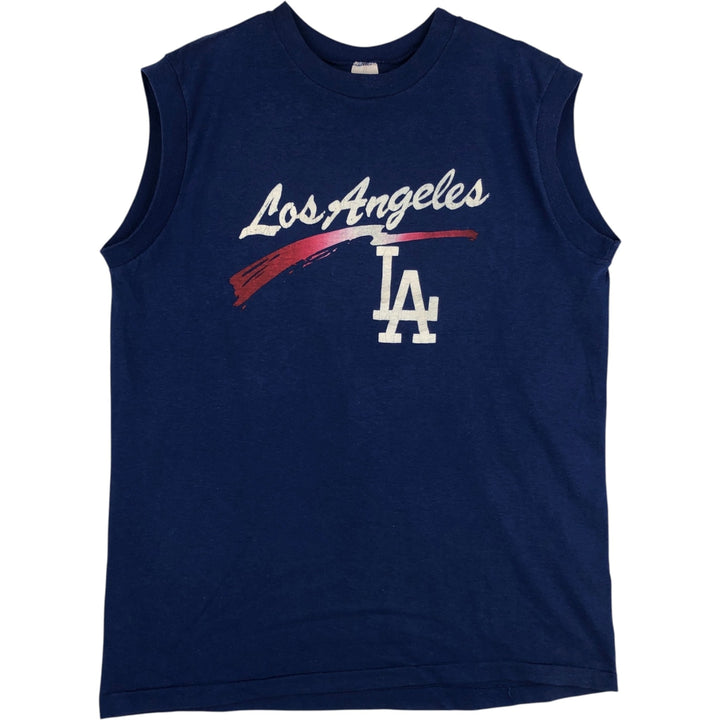 80'S Champion MLB Los Angeles Dodgers Tricolor Tag Sleeveless Logo Print T-Shirt, Made in USA, Men's XL (approx.) polyester navy blue type Vintage Second Hand