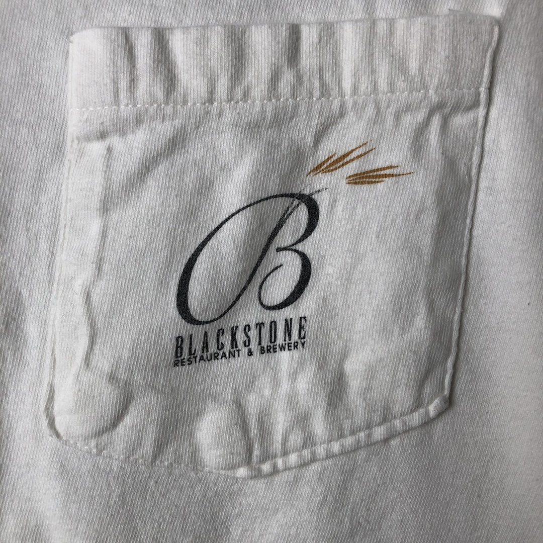 90'S Hanes Blackstone Restaurant and Brewery Advertising T-Shirt, Made in USA, Men's Size L (approx.), Vintage cotton white type Vintage Second Hand