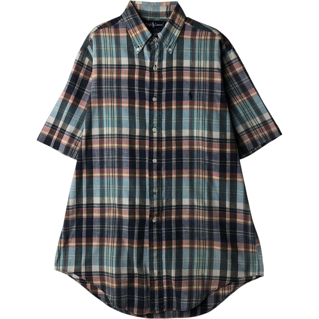 Ralph Lauren short sleeve button down check shirt, men's size M cotton navy blue type Vintage Second Hand