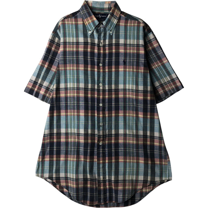Ralph Lauren short sleeve button down check shirt, men's size M cotton navy blue type Vintage Second Hand