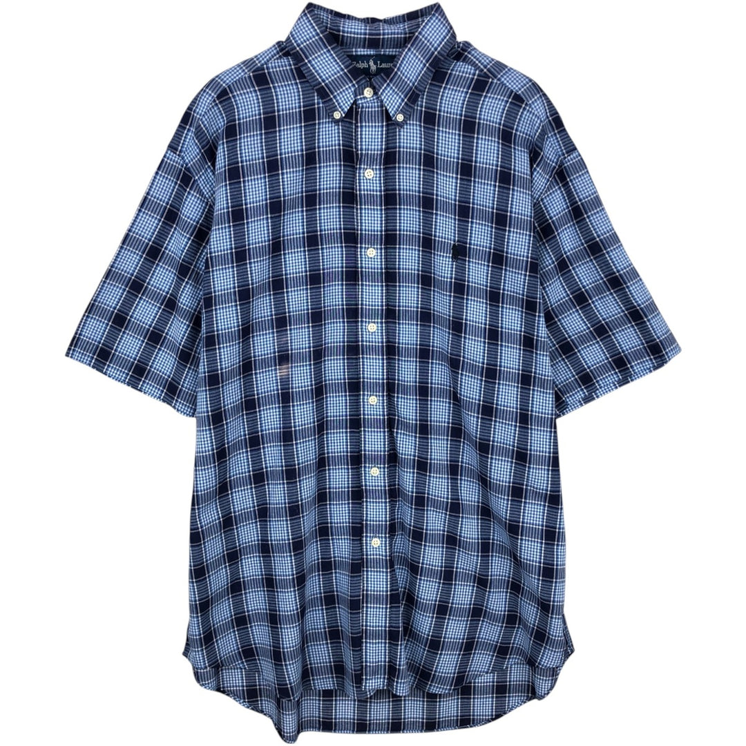Ralph Lauren BLAKE short sleeve button down check shirt, men's size L cotton navy blue type Vintage Second Hand