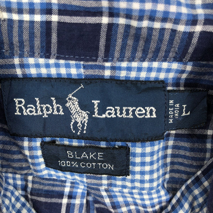 Ralph Lauren BLAKE short sleeve button down check shirt, men's size L cotton navy blue type Vintage Second Hand
