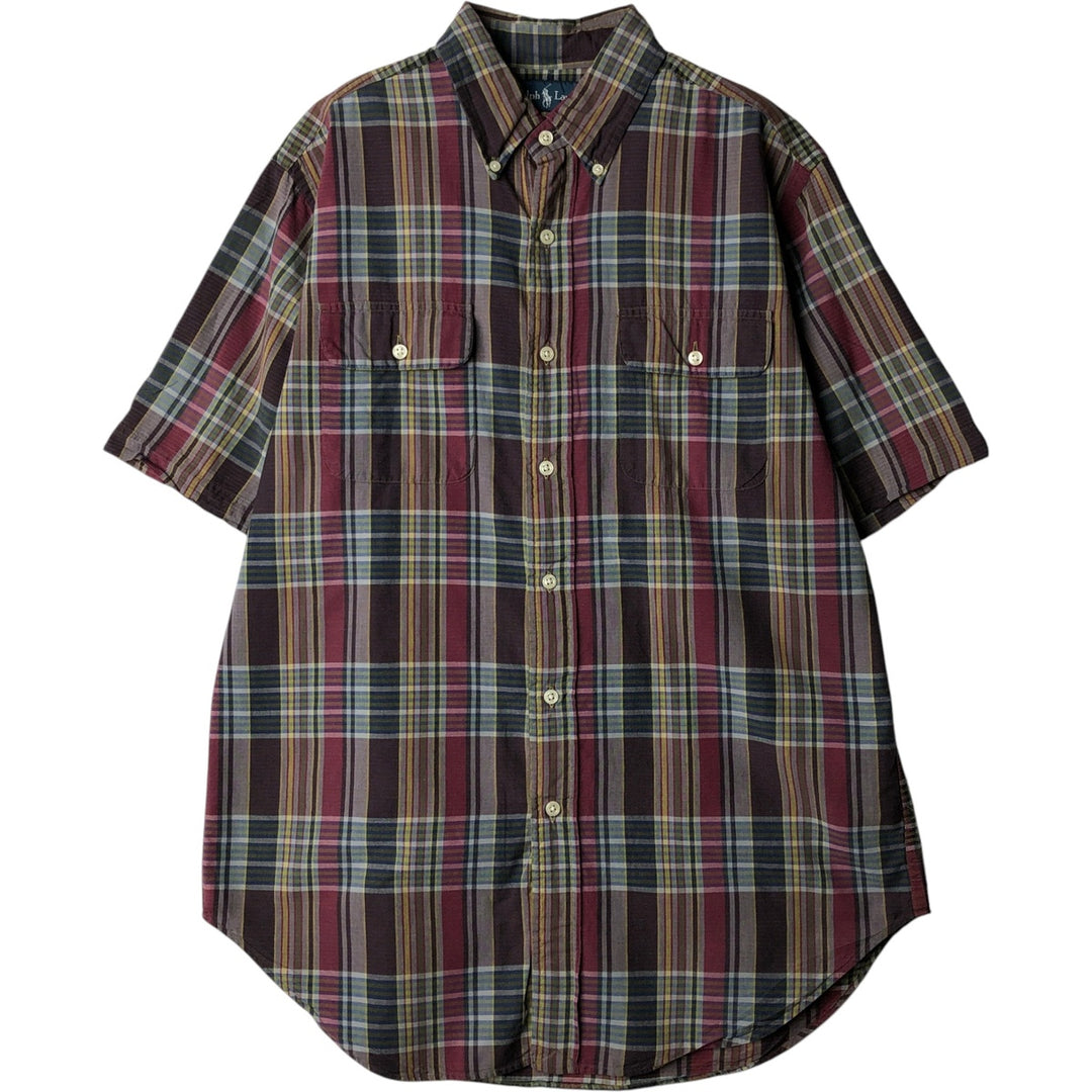 Ralph Lauren short sleeve button down check shirt, men's size M cotton Red type red-purple Vintage Second Hand