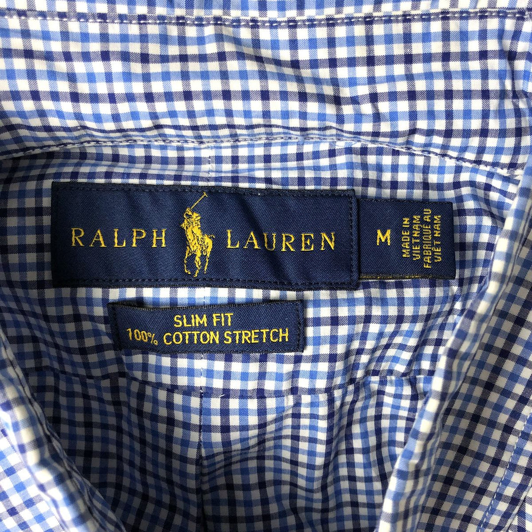 Ralph Lauren SLIM FIT gingham check short-sleeved button-down check shirt, men's size M (approx.) cotton blue type Vintage Second Hand