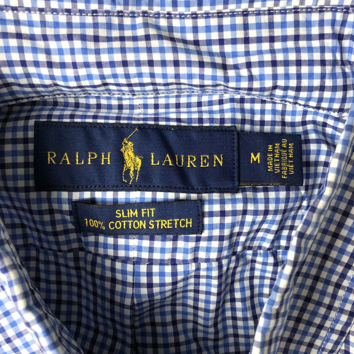 Ralph Lauren SLIM FIT gingham check short-sleeved button-down check shirt, men's size M (approx.) cotton blue type Vintage Second Hand