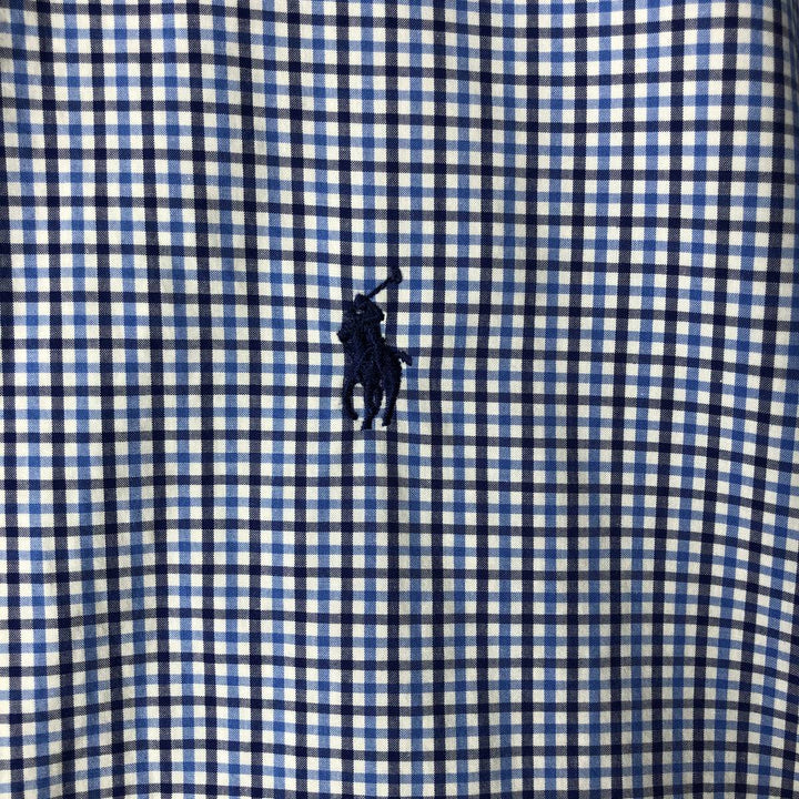 Ralph Lauren SLIM FIT gingham check short-sleeved button-down check shirt, men's size M (approx.) cotton blue type Vintage Second Hand
