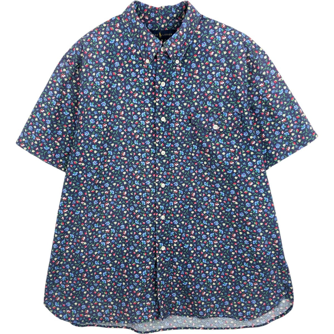 Ralph Lauren RALPH LAUREN all-over floral print short-sleeved button-down shirt, men's size XL (approx.) cotton navy blue type Vintage Second Hand