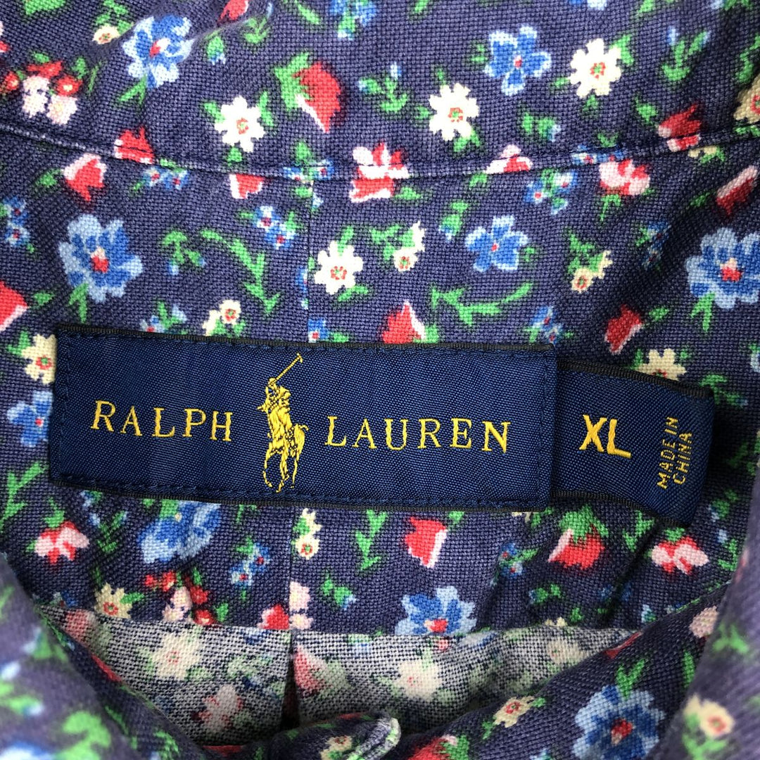 Ralph Lauren RALPH LAUREN all-over floral print short-sleeved button-down shirt, men's size XL (approx.) cotton navy blue type Vintage Second Hand