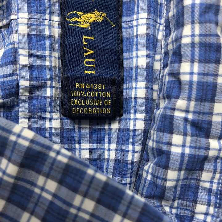 Ralph Lauren short sleeve button down check shirt, men's size M cotton blue type Vintage Second Hand