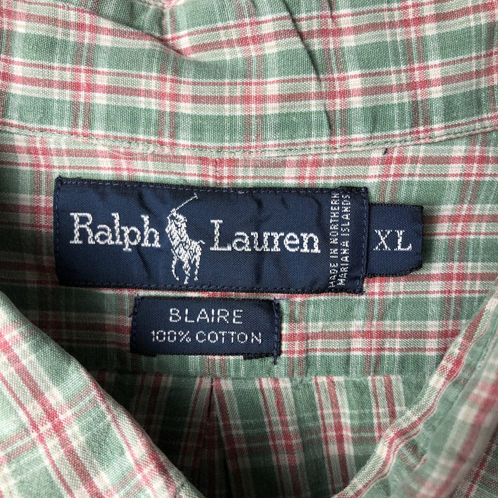 Ralph Lauren BLAIRE short sleeve button down check shirt men's XL size cotton green type yellow green Vintage Second Hand