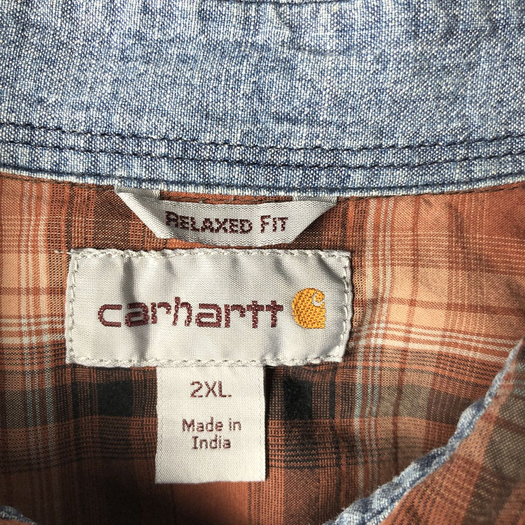 Carhartt Relaxed Fit Check Pattern Flap Pocket Pearl Snap Button Short Sleeve Work Shirt (Men's XXL equivalent) cotton red type Vintage Second Hand