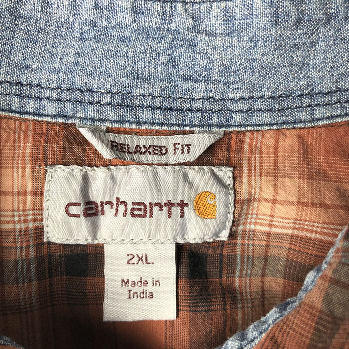 Carhartt Relaxed Fit Check Pattern Flap Pocket Pearl Snap Button Short Sleeve Work Shirt (Men's XXL equivalent) cotton red type Vintage Second Hand