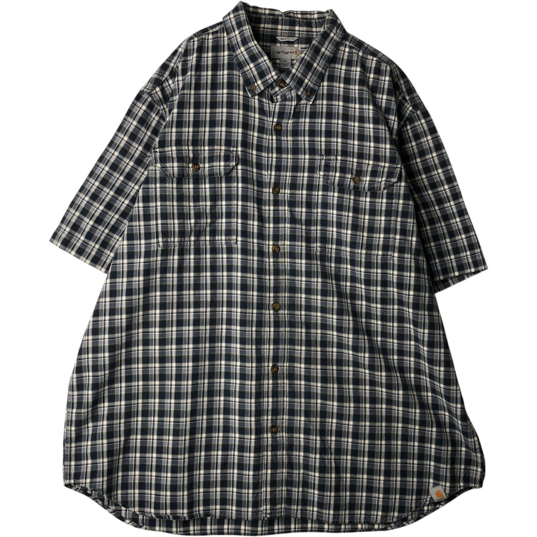 Carhartt Relaxed Fit Check Pattern Button-Down Flap Pocket Short-Sleeve Work Shirt (Men's XL equivalent) cotton navy blue type Vintage Second Hand