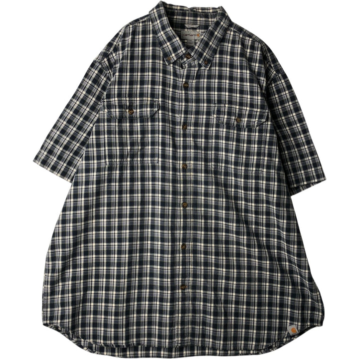 Carhartt Relaxed Fit Check Pattern Button-Down Flap Pocket Short-Sleeve Work Shirt (Men's XL equivalent) cotton navy blue type Vintage Second Hand