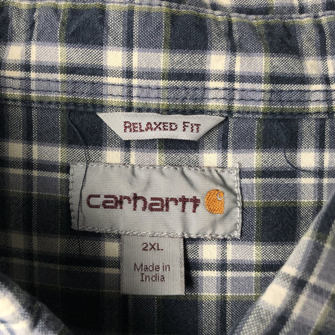 Carhartt Relaxed Fit Check Pattern Button-Down Flap Pocket Short-Sleeve Work Shirt (Men's XL equivalent) cotton navy blue type Vintage Second Hand