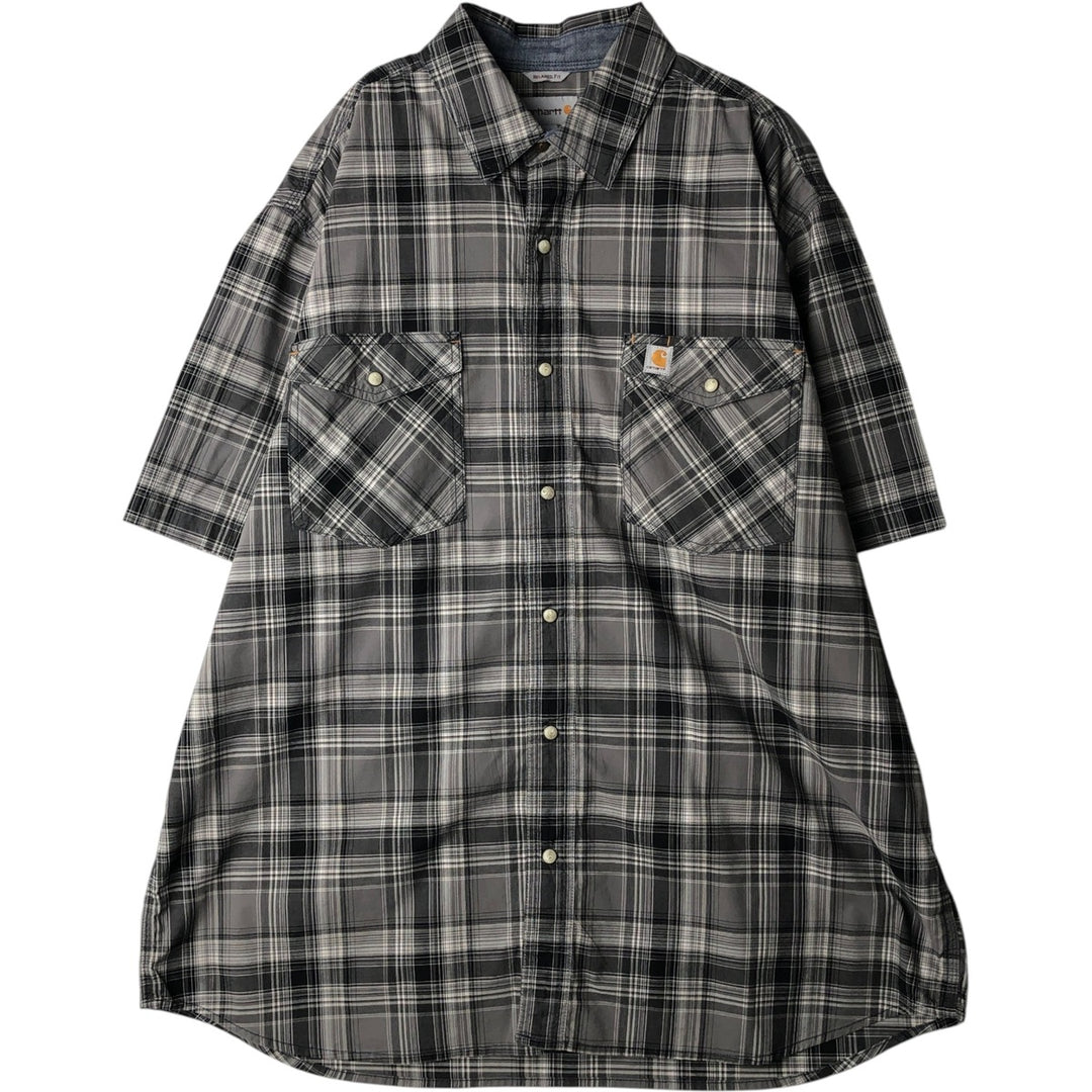 Carhartt Relaxed Fit Check Pattern Work Shirt, Pearl Snap Button, Flap Pocket, Short Sleeve, Men's Size XL (approx.) cotton Charcoal Vintage Second Hand