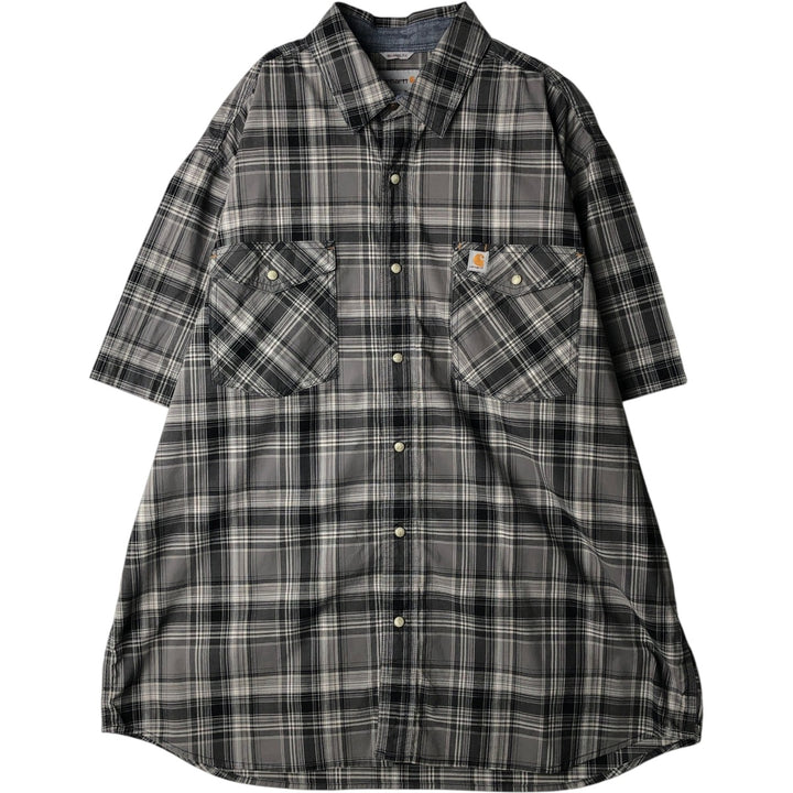 Carhartt Relaxed Fit Check Pattern Work Shirt, Pearl Snap Button, Flap Pocket, Short Sleeve, Men's Size XL (approx.) cotton Charcoal Vintage Second Hand