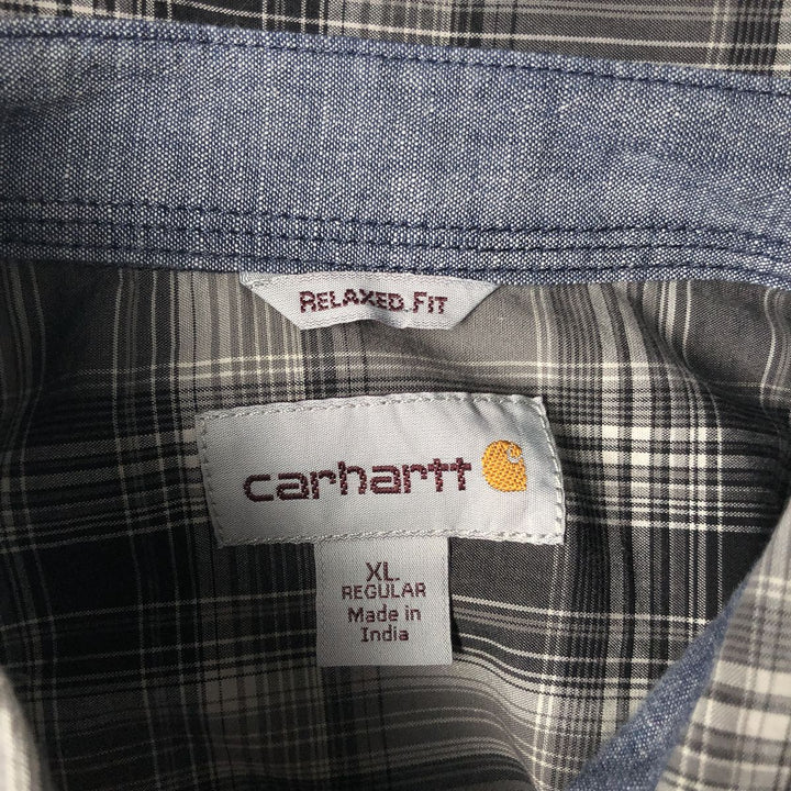 Carhartt Relaxed Fit Check Pattern Work Shirt, Pearl Snap Button, Flap Pocket, Short Sleeve, Men's Size XL (approx.) cotton Charcoal Vintage Second Hand