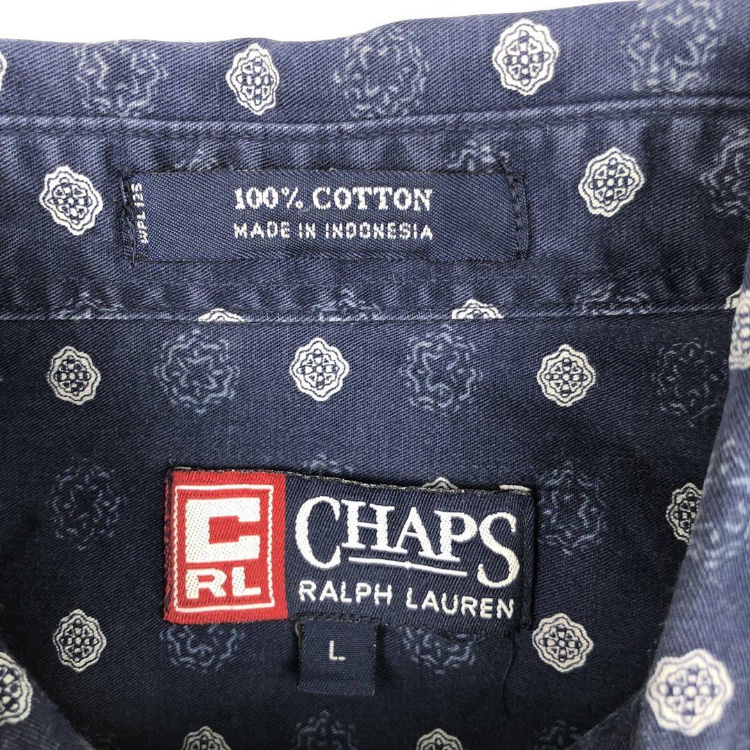 Ralph Lauren CHAPS all-over print short-sleeved button-down shirt, men's size L cotton navy blue type Vintage Second Hand