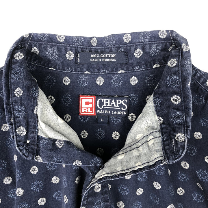 Ralph Lauren CHAPS all-over print short-sleeved button-down shirt, men's size L cotton navy blue type Vintage Second Hand
