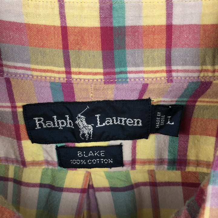 Ralph Lauren BLAKE Madras Check Short Sleeve Button Down Check Shirt Men's L size cotton lemon yellow Vintage Second Hand