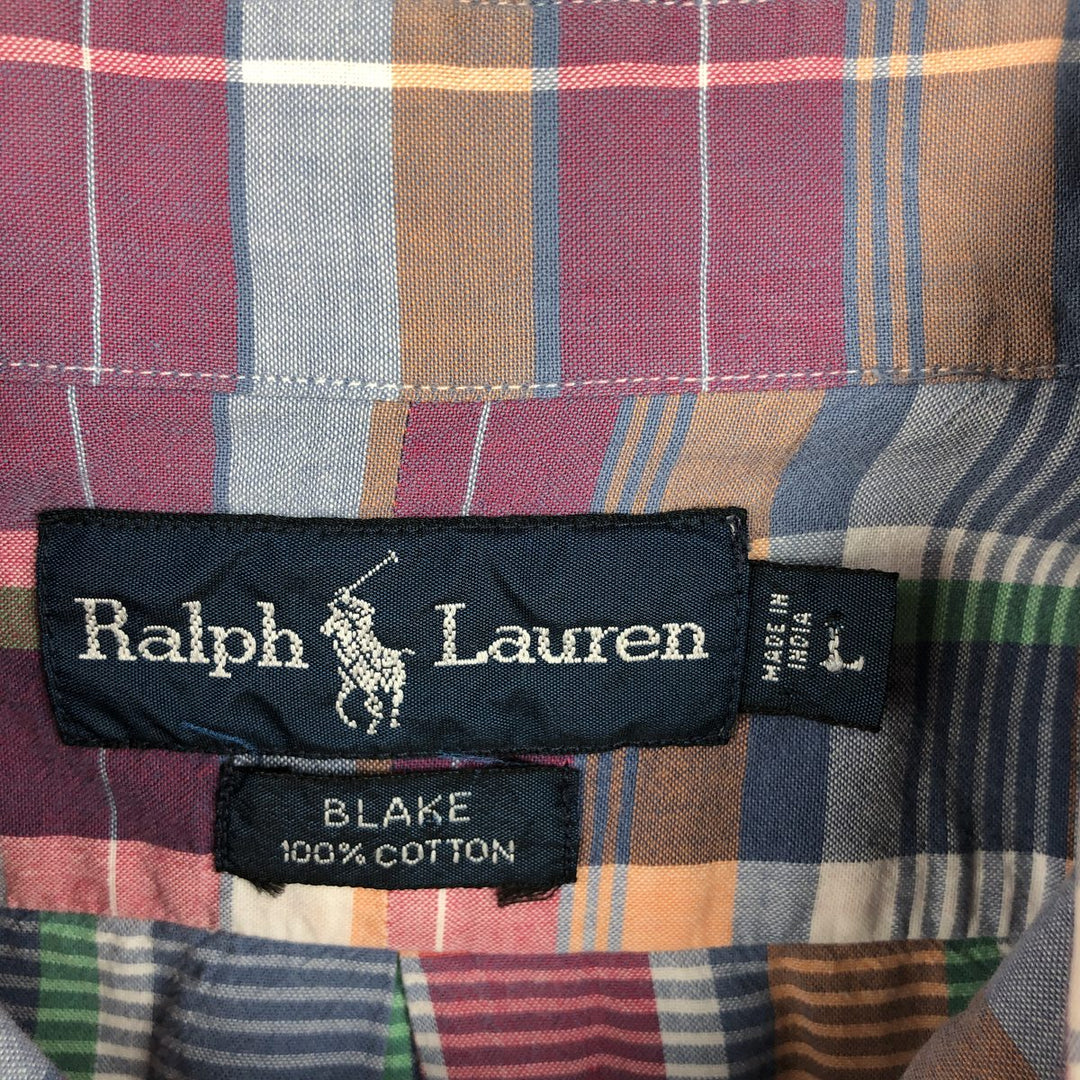 Ralph Lauren BLAKE Madras Check Short Sleeve Button Down Check Shirt Men's L size cotton red type Vintage Second Hand