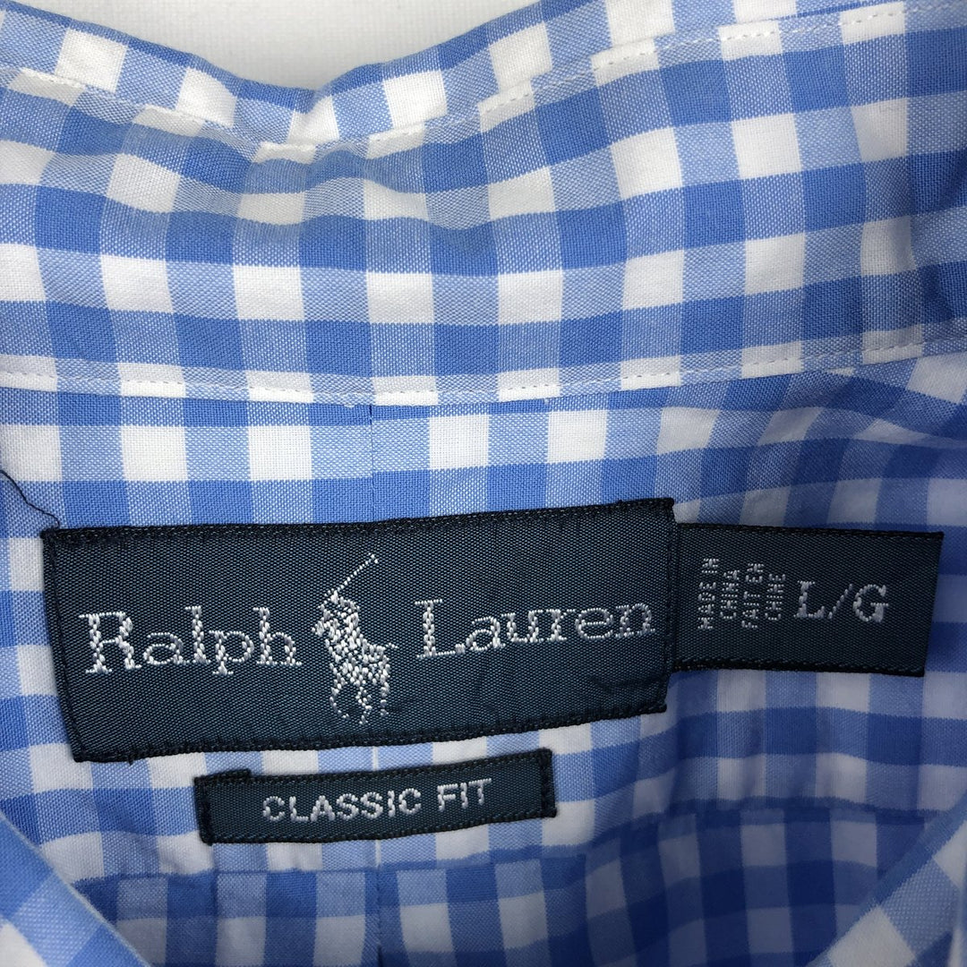Ralph Lauren CLASSIC FIT Gingham Check Short-Sleeve Button-Down Check Shirt (Men's Size L) cotton blue type Vintage Second Hand