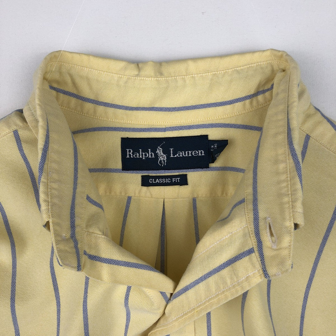 Ralph Lauren Classic Fit Short Sleeve Button Down Striped Shirt Men's Size L cotton lemon yellow Vintage Second Hand