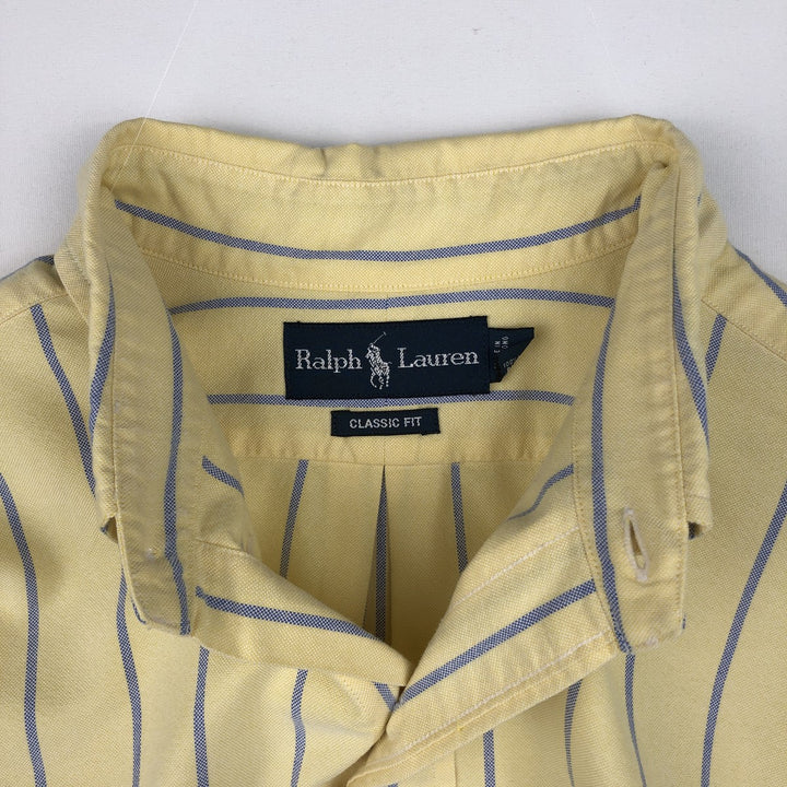 Ralph Lauren Classic Fit Short Sleeve Button Down Striped Shirt Men's Size L cotton lemon yellow Vintage Second Hand