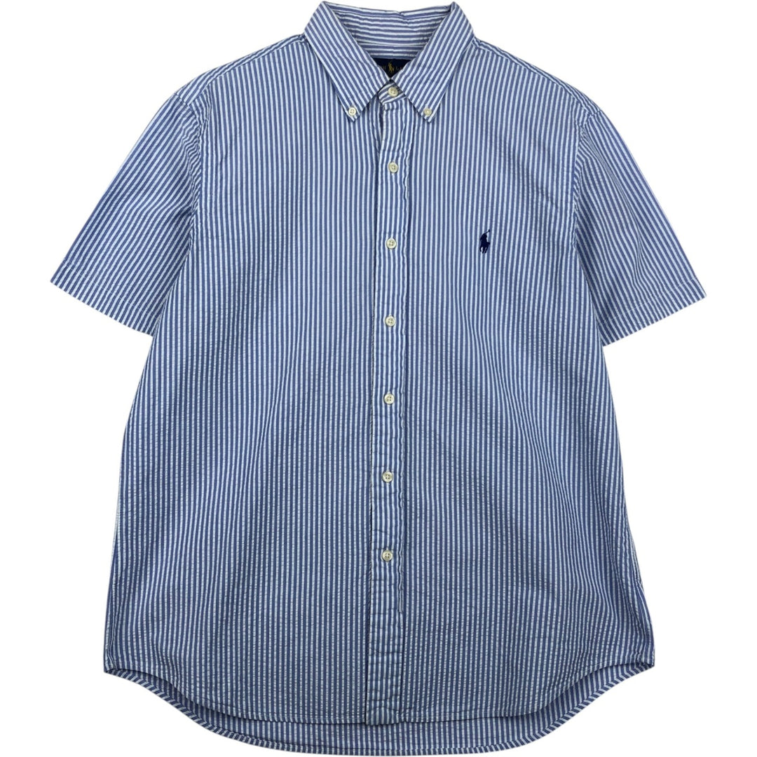 Ralph Lauren Seersucker Short Sleeve Button-Down Striped Shirt, Men's Size L cotton Blue type light blue Vintage Second Hand