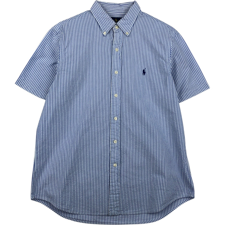 Ralph Lauren Seersucker Short Sleeve Button-Down Striped Shirt, Men's Size L cotton Blue type light blue Vintage Second Hand