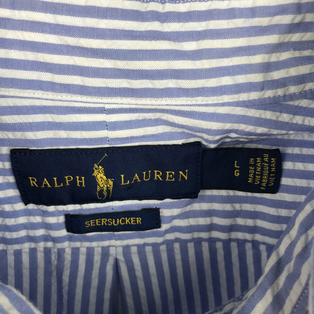 Ralph Lauren Seersucker Short Sleeve Button-Down Striped Shirt, Men's Size L cotton Blue type light blue Vintage Second Hand