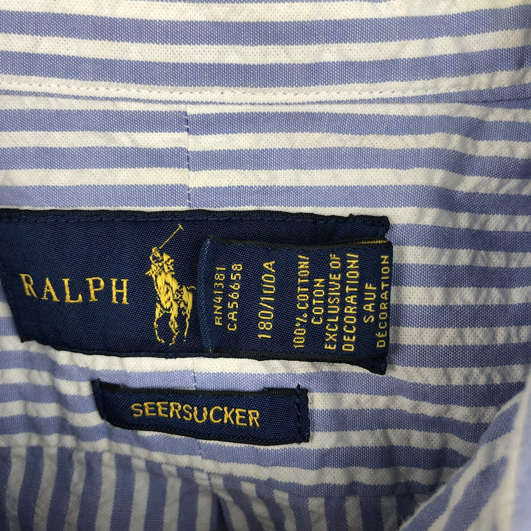 Ralph Lauren Seersucker Short Sleeve Button-Down Striped Shirt, Men's Size L cotton Blue type light blue Vintage Second Hand