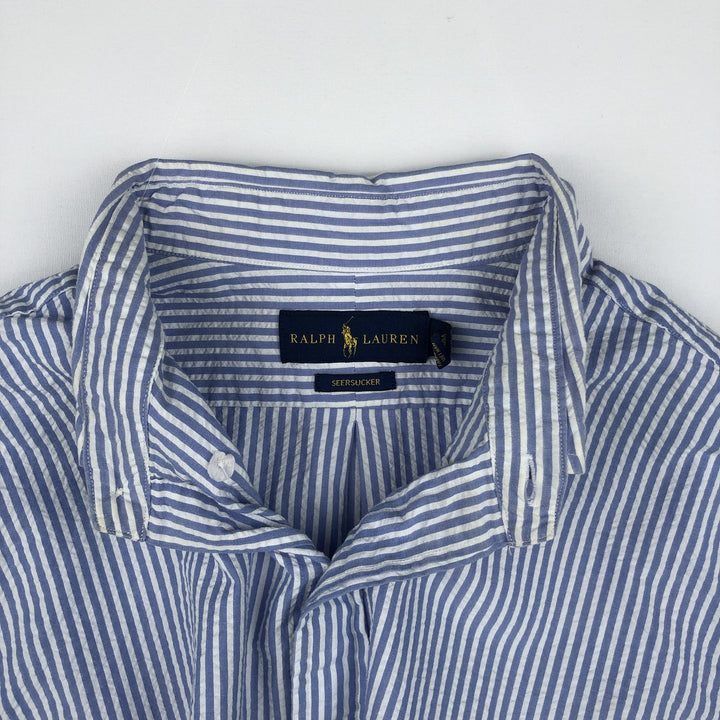 Ralph Lauren Seersucker Short Sleeve Button-Down Striped Shirt, Men's Size L cotton Blue type light blue Vintage Second Hand