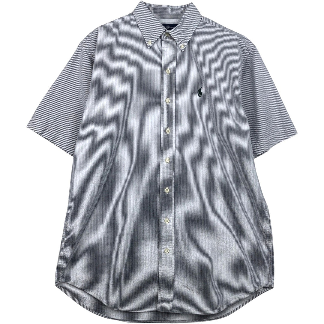 Ralph Lauren Seersucker Short Sleeve Button-Down Striped Shirt, Men's Size L cotton navy blue type Vintage Second Hand