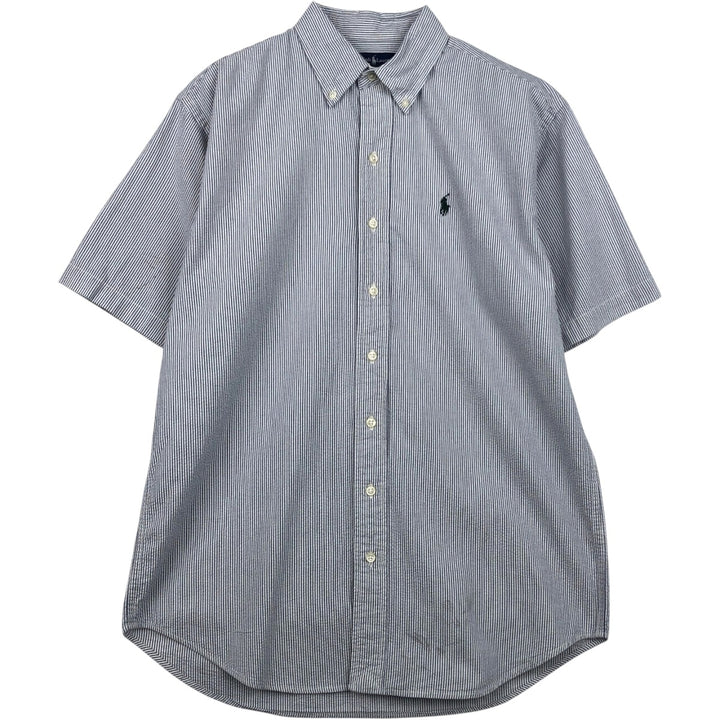 Ralph Lauren Seersucker Short Sleeve Button-Down Striped Shirt, Men's Size L cotton navy blue type Vintage Second Hand