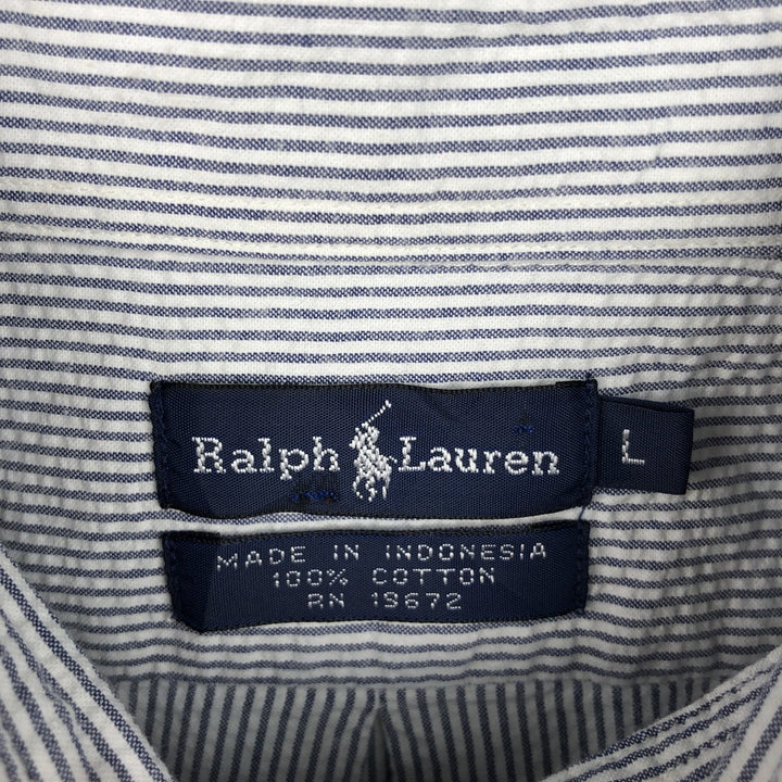 Ralph Lauren Seersucker Short Sleeve Button-Down Striped Shirt, Men's Size L cotton navy blue type Vintage Second Hand