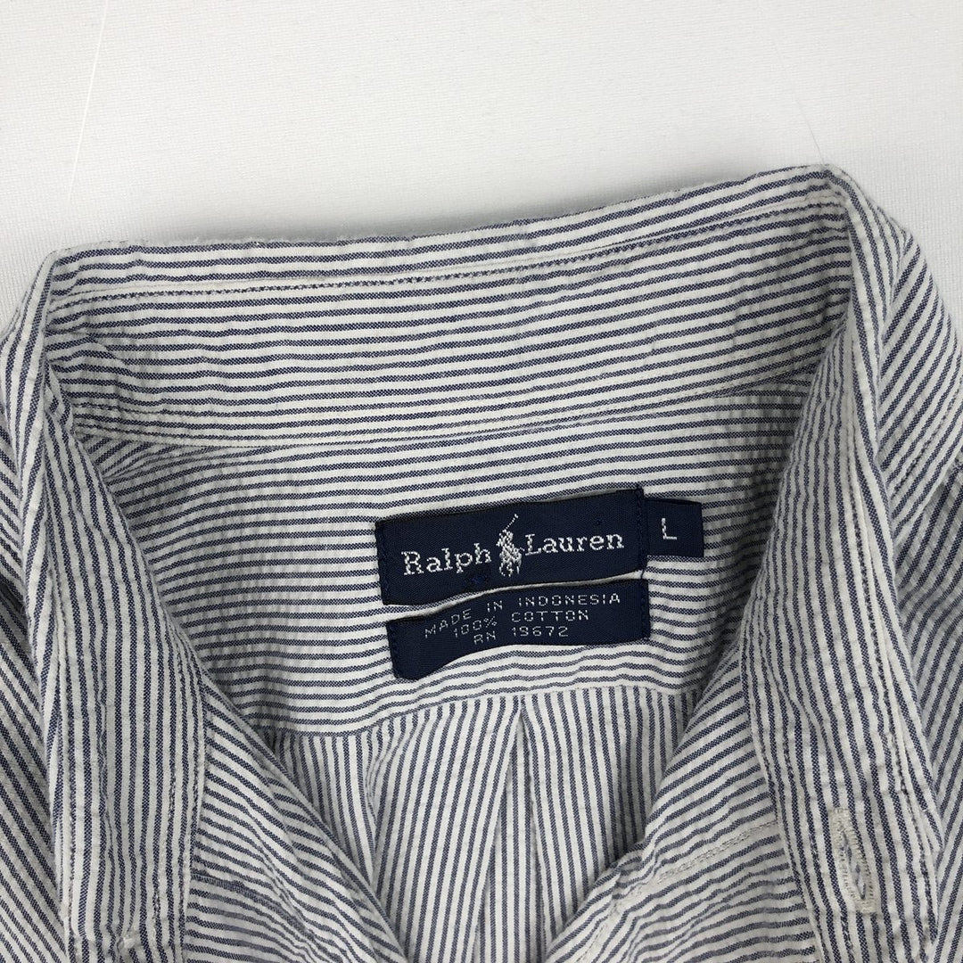 Ralph Lauren Seersucker Short Sleeve Button-Down Striped Shirt, Men's Size L cotton navy blue type Vintage Second Hand