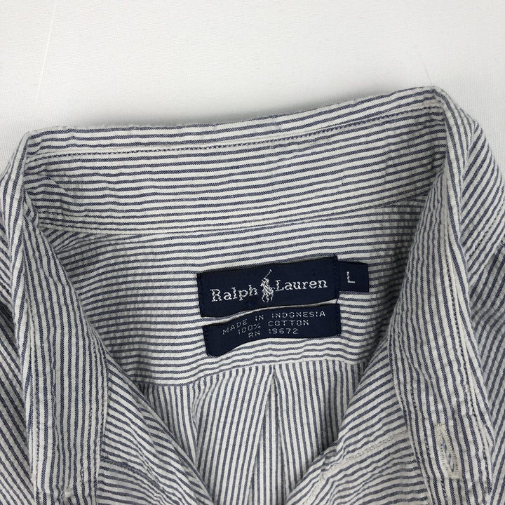 Ralph Lauren Seersucker Short Sleeve Button-Down Striped Shirt, Men's Size L cotton navy blue type Vintage Second Hand