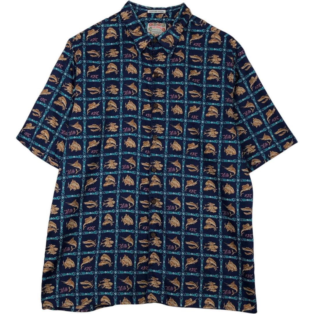 90'S Reyn Spooner Commemorative Classics Fish Print Hawaiian Aloha Shirt, Boxy Shirt, Made in Hawaii, Men's Size L cotton navy blue type Vintage Second Hand