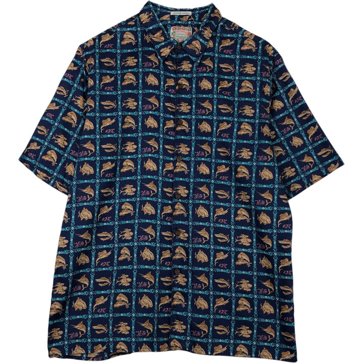 90'S Reyn Spooner Commemorative Classics Fish Print Hawaiian Aloha Shirt, Boxy Shirt, Made in Hawaii, Men's Size L cotton navy blue type Vintage Second Hand