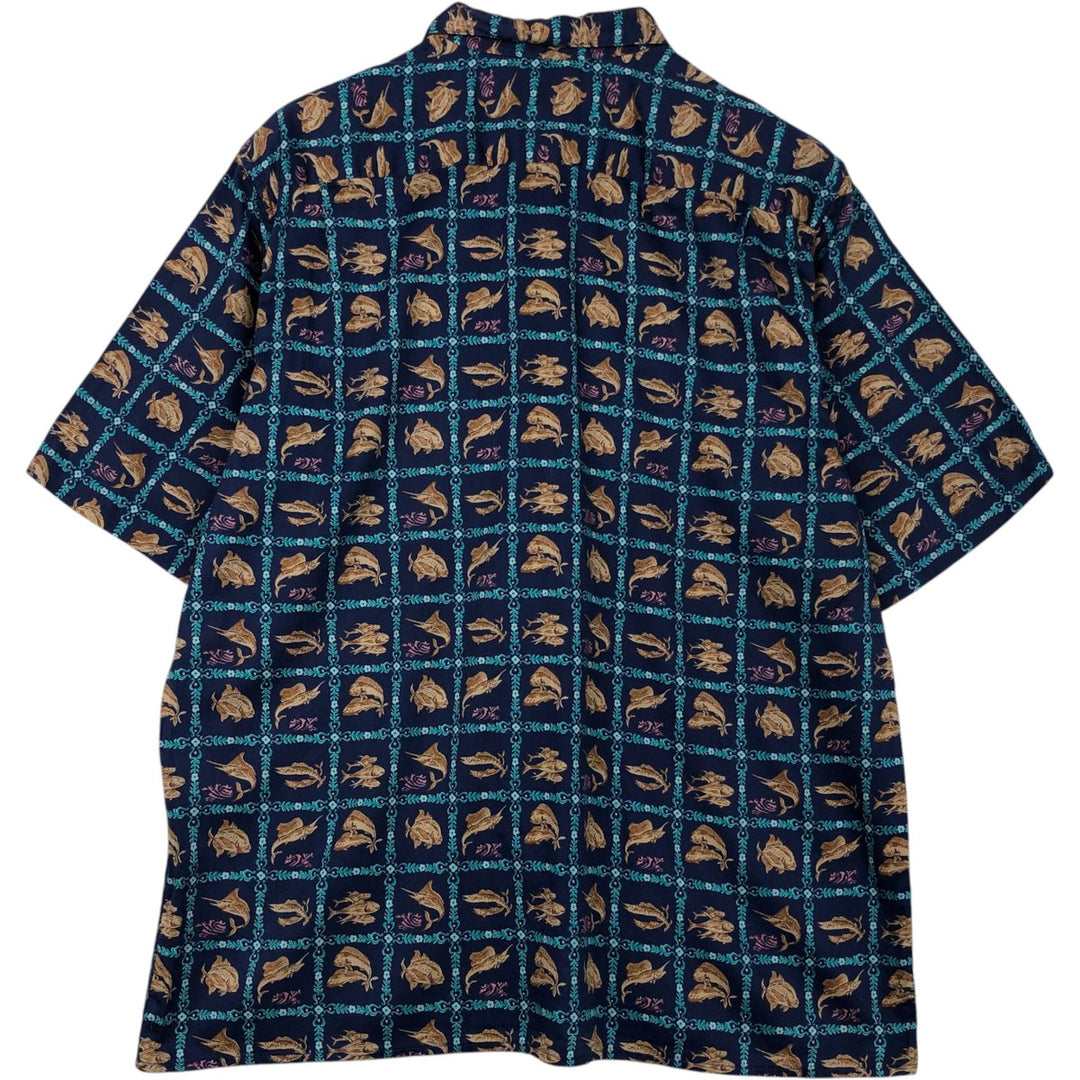 90'S Reyn Spooner Commemorative Classics Fish Print Hawaiian Aloha Shirt, Boxy Shirt, Made in Hawaii, Men's Size L cotton navy blue type Vintage Second Hand