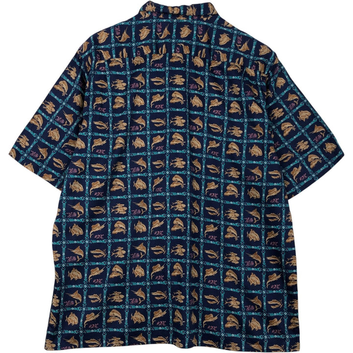 90'S Reyn Spooner Commemorative Classics Fish Print Hawaiian Aloha Shirt, Boxy Shirt, Made in Hawaii, Men's Size L cotton navy blue type Vintage Second Hand