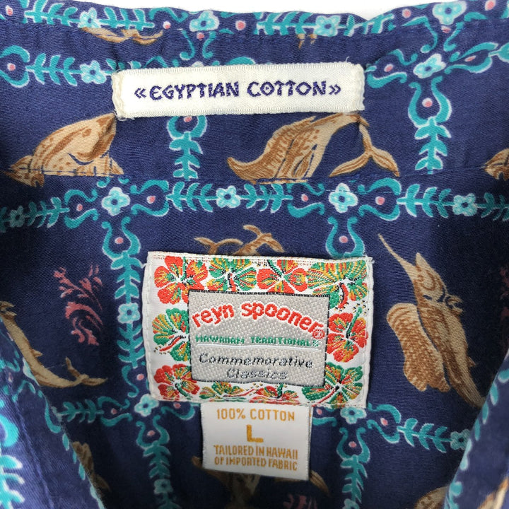 90'S Reyn Spooner Commemorative Classics Fish Print Hawaiian Aloha Shirt, Boxy Shirt, Made in Hawaii, Men's Size L cotton navy blue type Vintage Second Hand